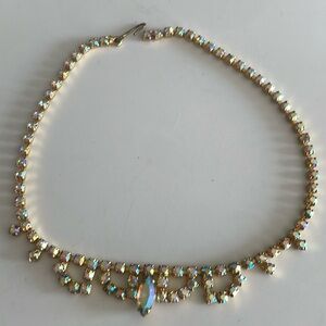 Aurora Borealis Crystal Necklace, Prong Set,15”,Vintage Necklace For Parties